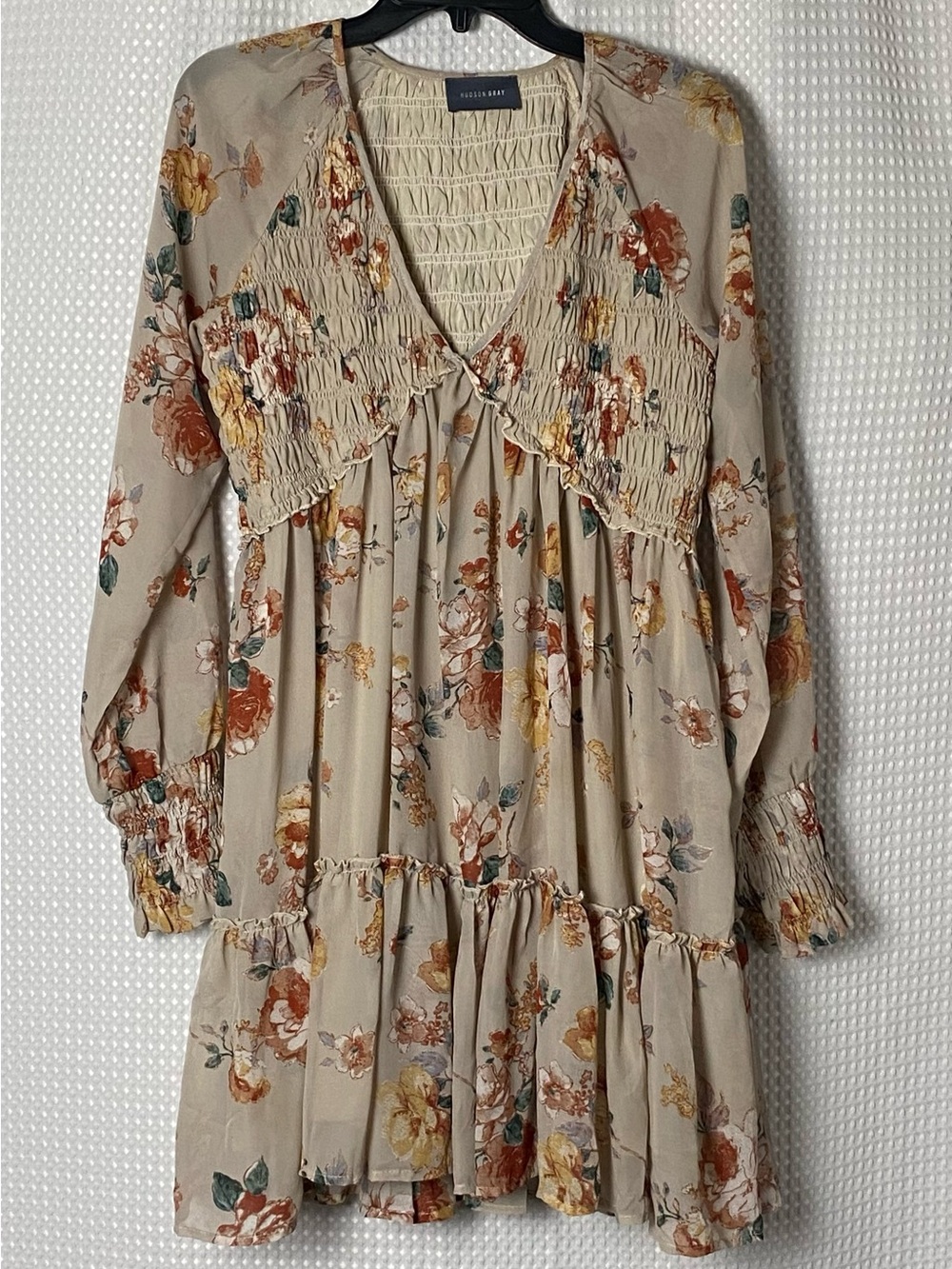 Hudson Gray Floral Smocked Tiered Mini Dress L Beige Rust Boho